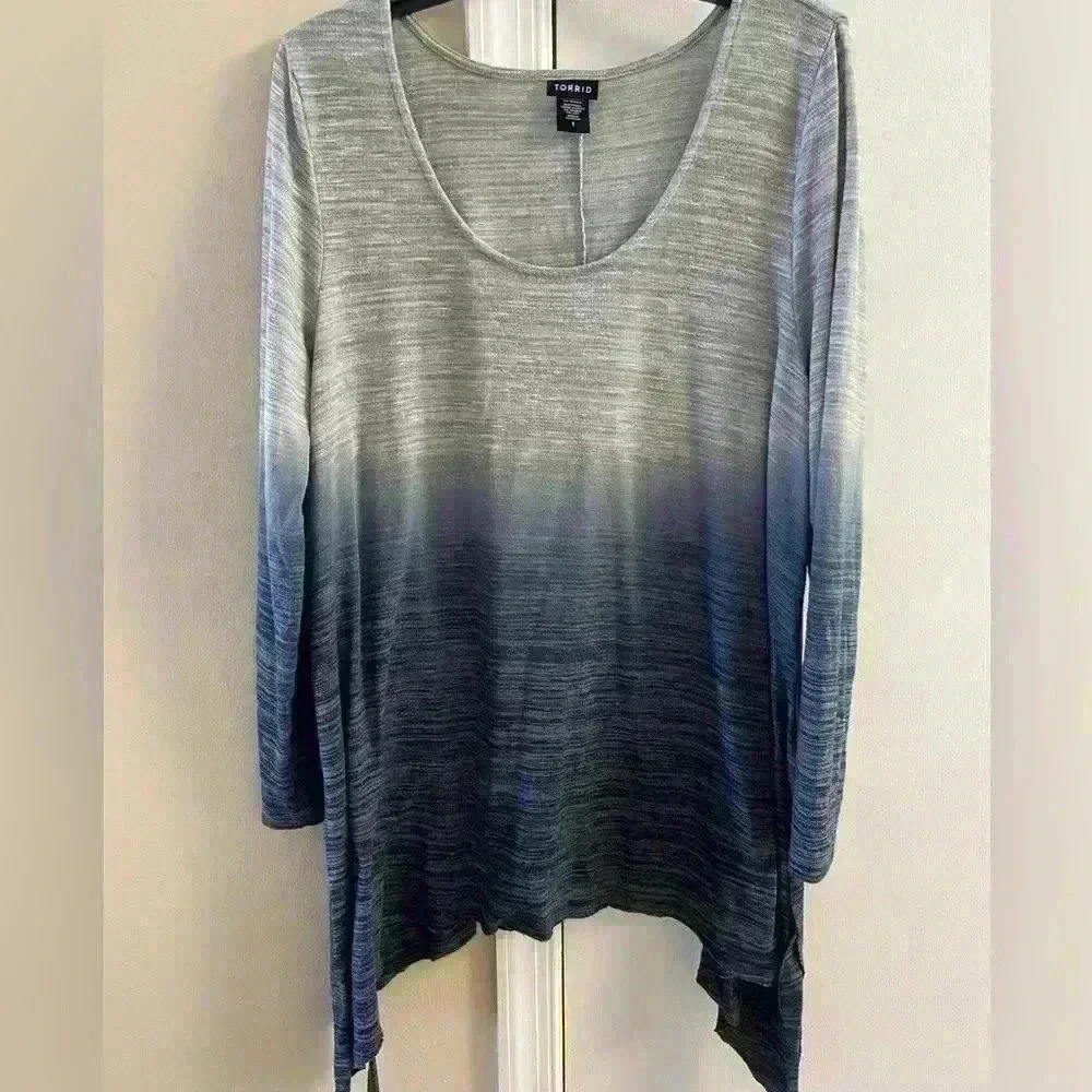 TORRID grey ombré lightweight knit shark bite hem long line sweater. 1X